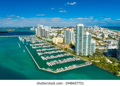 Aerial drone footage of Miami Beach marina in a wonderful day