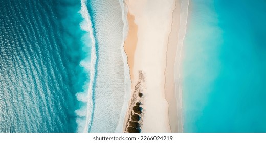 Aerial drone footage of sea ocean waves reaching shore.Beach with aerial drone. Beach clear turquoise top view. Beautiful beach. - Shutterstock ID 2266024219