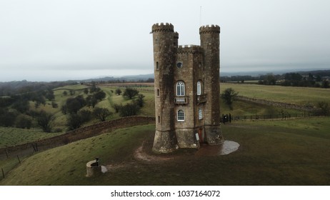 Aerial Drone Image Of Broadway Tower In The Cotswolds, England, UK.