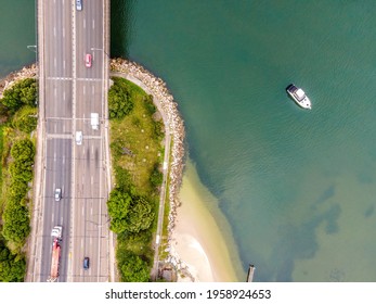 Aerial Drone Image Of Captain Cook Bridge Over Georges River In The Suburb Of Sans Souci, Suburban Sydney, New South Wales