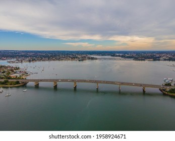 Aerial Drone Image Of Captain Cook Bridge Over Georges River In The Suburb Of Sans Souci, Suburban Sydney, New South Wales