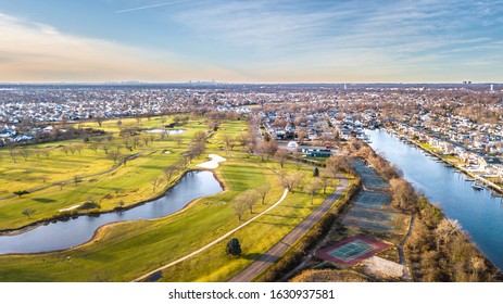 Aerial drone image of Long Island at sunset