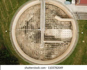 Aerial Drone Image, Top Down, Of A Water Reclamation Plant (sewage Treatment) With Bioreactors And Filtration Pools.