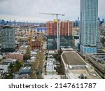 Aerial drone of industrial urban Jersey City 