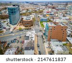 Aerial drone of industrial urban Jersey City 