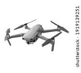 Aerial Drone Isolated on White Background. Top Front Side View Quad Copter with Digital Camera. Flying Remote Control Air Drone. Headless Quadcopter with 4K Hasselblad Camera and Remote Control