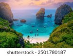 Aerial drone Landscape Turquoise lagoon Nui beach koh Phi Phi Don island, Krabi, Thailand.