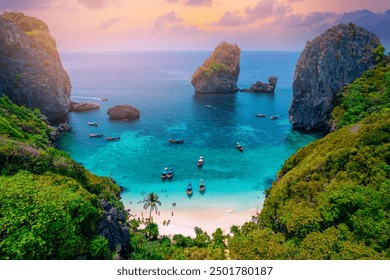 Aerial drone Landscape Turquoise lagoon Nui beach koh Phi Phi Don island, Krabi, Thailand. - Powered by Shutterstock