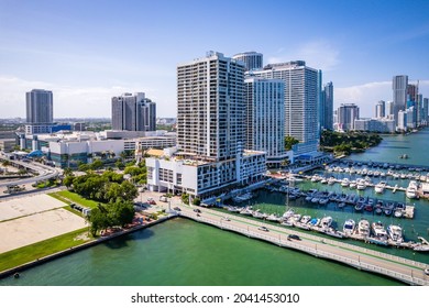 Aerial Drone Of Miami Biscayne Bay Florida 