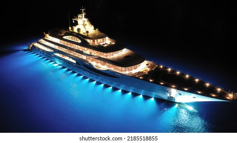 Aerial drone night shot of beautiful latest technology modern led illuminated luxury mega yacht anchored in deep blue sea of Mykonos island, Cyclades, Greece - Shutterstock ID 2185518855