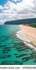 aerial drone over polihale beach showing reef kauai Hawaii