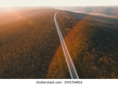 Aerial Drone Overhead Of A Straight Road Through Leafless Forest Valley At Sunset. Highway Go Through European Ecosystem Wildlife Habitat Natural Environment Concept Scandinavia 4K.