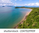 aerial drone panorama of beautiful south mission beach, turtle bay, lugger bay, and surrounding islands in tropical north queensland, australia; paradise beaches on the shore of pacific