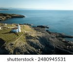 Aerial drone panorama landscape of İnceburun (aka Sharp Cape) and its lighthouse. Located on northernmost point of Turkey, at Sinop, Black Sea region.