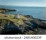 Aerial drone panorama landscape of İnceburun (aka Sharp Cape) and its lighthouse. Located on northernmost point of Turkey, at Sinop, Black Sea region.