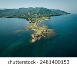 Aerial drone panorama landscape of Yason Burnu (aka Cape Yason) and its lighthouse. Located at Persembe, Ordu, Black Sea region of Turkey.