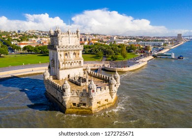 Aerial Drone Panorama Photo Of The Belem Tower (Belém Tower) At Sunset. A Medieval Castle Fortification On The Tagus River Of Lisbon Portugal