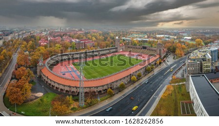 Aerial drone panorama of a stadion in Stockholm on a cloudy day in autumn