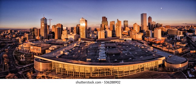 Aerial drone panorama of a sunset over the capital city of Denver, Colorado