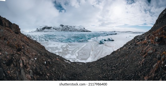 Aerial Drone Panorama Top View Glacier Iceland Svinafellsjoekull, Melting Ice, Climate Change And Global Warming Concept