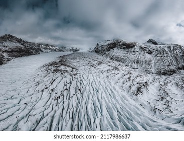 Aerial Drone Panorama Top View Glacier Iceland Svinafellsjoekull, Melting Ice, Climate Change And Global Warming Concept