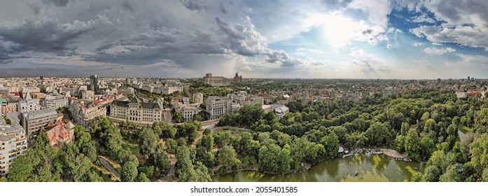 Aerial drone panorama view over Bucharest downtown cityscape with Cismigiu Gardens. Capital of Romania.