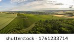 Aerial / Drone Panorama of vineyard and agricultural fields in Rheinhessen Germany close to Nieder-Olm