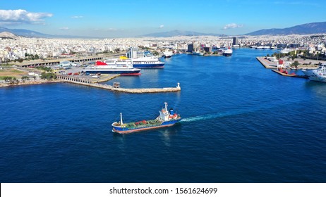 Aerial Drone Panoramic Photo Of Famous Busy Port Of Piraeus Which Is The Largest In Greece And Mediterranean Sea, Attica