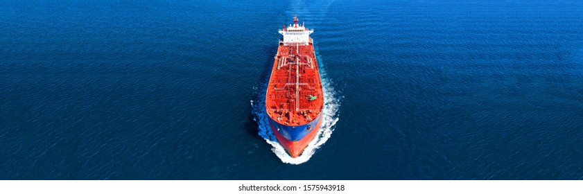 Aerial Drone Panoramic Photo Of Industrial Crude Oil And Fuel Tanker Ship Cruising Deep Blue Open Ocean Sea