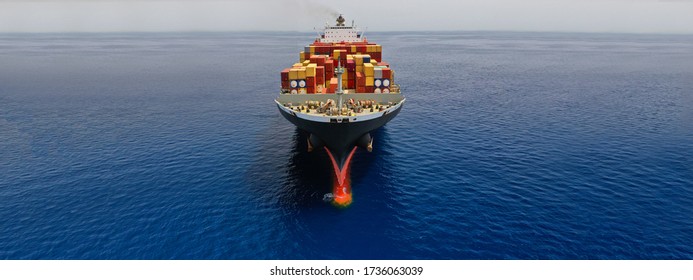 Aerial Drone Panoramic Ultra Wide Photo Of Industrial Container Tanker Ship Cruising In Open Ocean Deep Blue Sea