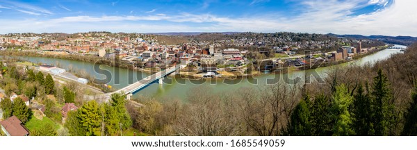 Drone panorama of Morgantown in West Virginia available as a stock photo