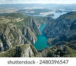 Aerial drone panorma landscape of Şahinkaya Kanyonu (Sahinkaya Canyon, Tazi Canyon) with waters of Kızılırmak River. Located in Vezirköprü, Samsun, Türkiye