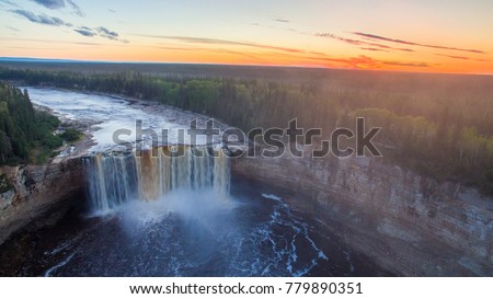 An aerial drone photo of Alexandra Falls near Hay River, Northwest Territories, Canada.