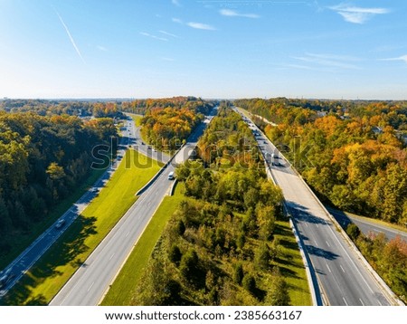 Aerial drone photo Baltimore Washington Parkway with colorful fall foliage
