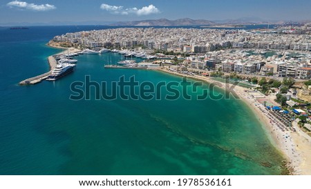 Aerial drone photo of beautiful round harbour and Marina of  Zea or Passalimani in the heart of Piraeus, Attica, Greece