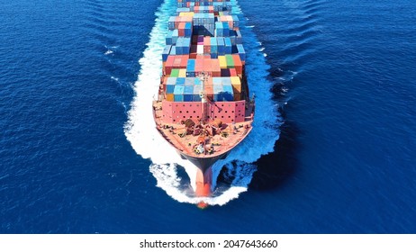 Aerial Drone Photo Of Bow From Huge Container Tanker Ship Cruising Deep Blue Sea