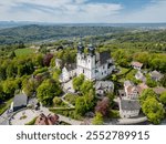 Aerial drone photo of the Pöstlingberg church in Linz Austria Österreich the Pilgrimage Basilica of the Seven Sorrows of Mary or Wallfahrtsbasilika Sieben Schmerzen Mariae in Pöstlingberg 