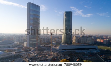 Aerial drone photo of CityLife new residential district in Milan, Italy