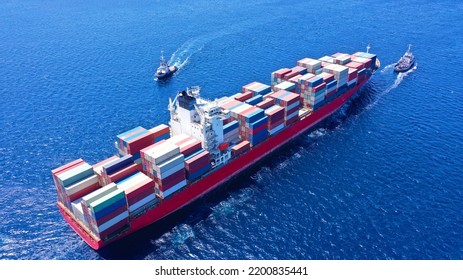 Aerial Drone Photo Of Colourful Truck Size Container Tanker Ship Cruising Mediterranean Deep Blue Sea