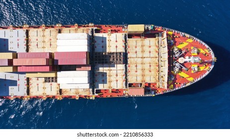 Aerial Drone Photo Of Colourful Truck Size Container Tanker Ship Cruising Mediterranean Deep Blue Sea