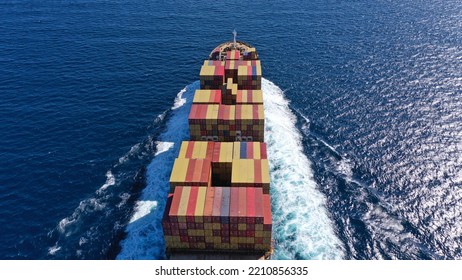 Aerial Drone Photo Of Colourful Truck Size Container Tanker Ship Cruising Mediterranean Deep Blue Sea