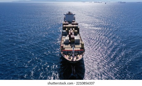 Aerial Drone Photo Of Colourful Truck Size Container Tanker Ship Cruising Mediterranean Deep Blue Sea