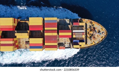 Aerial Drone Photo Of Colourful Truck Size Container Tanker Ship Cruising Mediterranean Deep Blue Sea