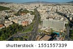 Aerial drone photo of famous landmark hotel of Hilton in centre of Athens, Attica, Greece