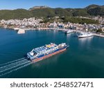 Aerial drone photo of the ferry boats in the harbour of Igoumenitsa, Greece. Many vessels departure from this ferry terminal to the Ionian islands.