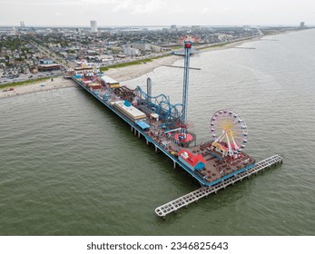 Aerial drone photo Galveston Island Historic Pleasure Pier Texas USA circa 2023