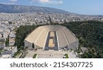 Aerial drone photo of iconic ancient Panathenaic stadium or Kalimarmaro birthplace of the original Olympic games, Athens historic centre, Attica, Greece
