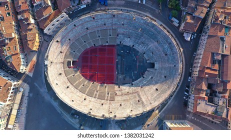 Aerial drone photo from iconic Arena in Bra square of beautiful city of Verona, Lombardy, Italy