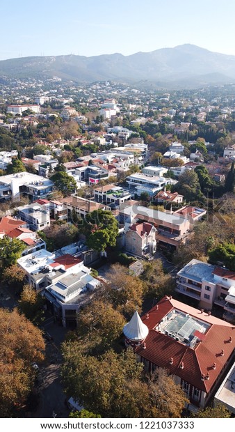 Aerial drone photo of iconic center of Kifisia,
North Athens, Attica,
Greece