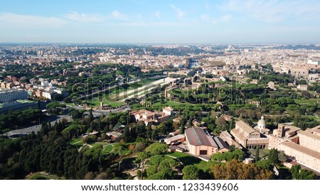 Aerial drone photo of iconic Circus Maximus site of an ancient Roman chariot racing stadium and mass entertainment venue next to famous Colosseum, Rome, Italy